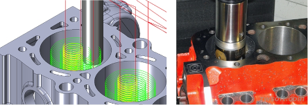 中望3D的螺旋操作（左）和CNC機床的氣缸鏜削（右）