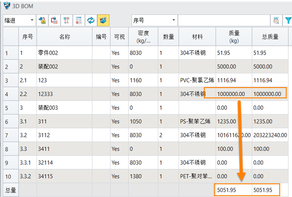 三维CAD修改零部件重量后，总重量有误差怎么调整？